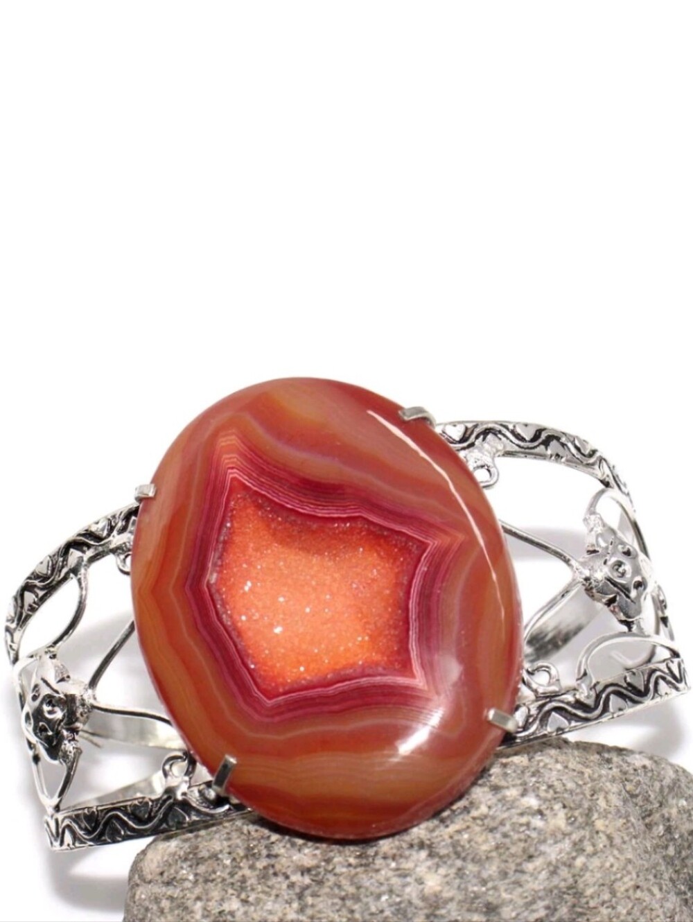 Carnelian Onyx Druzy Gemstone 925 Sterling Silver Adjustable Cuff Bracelet